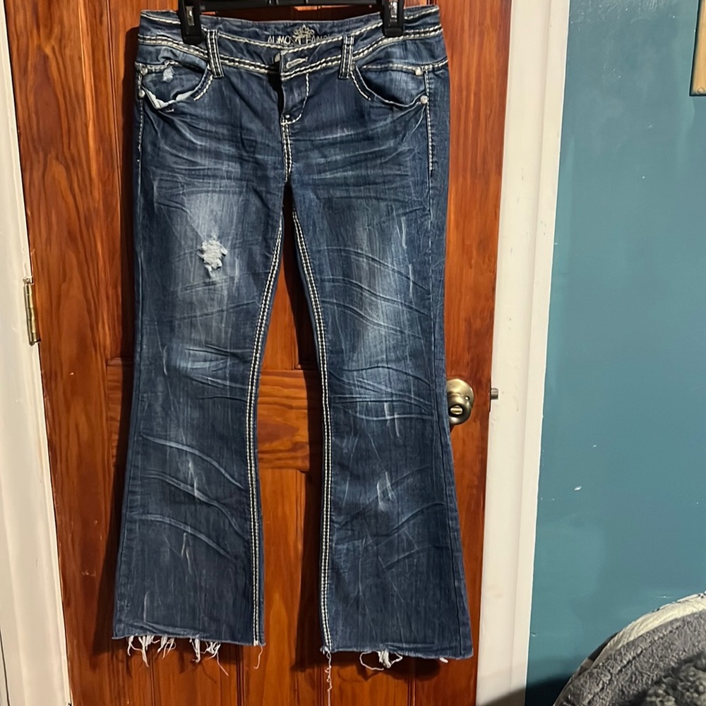 Almost famous, distressed, ripped, flare, blue jeans